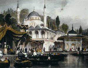 A Mihrimah Sultan mecset Uskudarban, a Boszporusz anatóliai partján, Isztambul felé néz, 1839 (színes metszet)